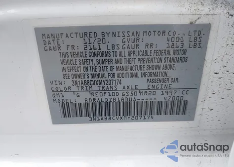 2021 Nissan Sentra Sv Xtronic Cvt из США, поврежденный, VIN 3N1AB8CVXMY207174